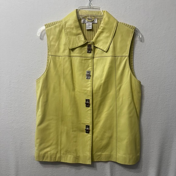Lisa international Jackets & Blazers - Lisa International Womens Yellow Lamb Skin Knit Vest Size M Collared Sleeveless